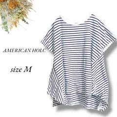 AMERICAN HOLIC 半袖TシャツM ボーダー 青白 裾フレア3967