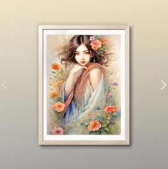 ☆AIアート☆花と少女の水彩タッチ絵画額付き