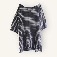 ボーダーTシャツ 五分袖 黒　白　【L】サイドスリット　綿　カジュアル　訳あり