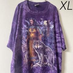 90sヴィンテージXLアニマルイーグルウルフインディアン女性tシャツ動物古着