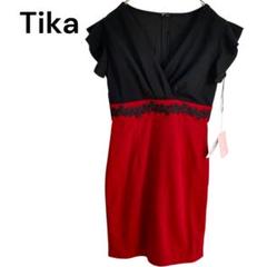 Tika ティカ フリル袖 ワンピース S バイカラー黒×赤 ドレス