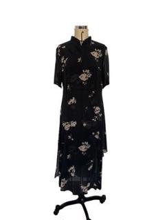 花柄シルク チャイナ ワンピース ブラック