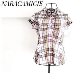 新品同様♡ナラカミーチェ 白×紫×オレンジチェック さらさらストレッチシャツ L