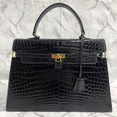美品　モラビト　スカラ34　クロコダイル　レザー　ハンドバッグ　ゴールド金具　黒