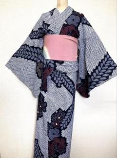 有松鳴海絞り　浴衣　Ｌ　大きいサイズ　藤と花　（210） 有松鳴海絞り 浴衣 L 大きいサイズ 藤と花 （210） - メルカリ
