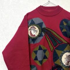 デザインニット　ヴィンテージ　レトロ　刺繍　アニマル　オオカミ　ワインレッド