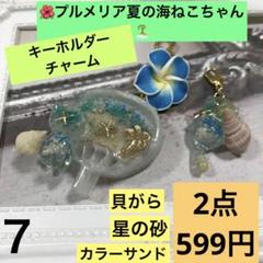 ７うちわねこちゃんキーホルダー　夏の海ねこちゃんチャーム　星の砂　沖縄の砂　貝殻