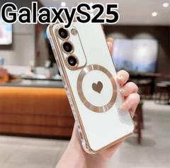 GalaxyS25 ケース　ホワイト　白　ハート　ふちどり　メッキ風　マグセーフのサムネイル