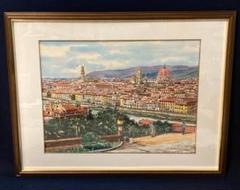 「真作」川勝茂弘「フィレンツェの町(イタリア)」風景画　水彩画　額装　サイン有り 真作」川勝茂弘「フィレンツェの町(イタリア)」風景画 水彩画
