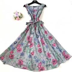 ★美品　ローラアシュレイ　フレアーワンピース　花柄♡サラサラ　リボン　M L