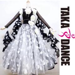 B1495【タカダンス】黒/ドット/花モチーフ/スタンダードドレス☆社交ダンス B1495【タカダンス】黒/ドット/花モチーフ/スタンダードドレス