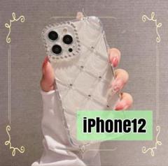 ☆iPhone12キルティングスマホケース ラインストーン☆クリア キラキラ