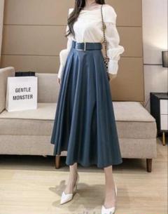 ❤️新品❤️ ミモレ丈　レザー スカート PU Aライン ベルト レディース　ブルー
