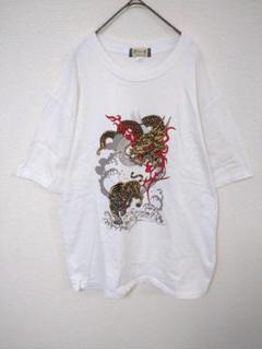 京都樹林　Tシャツ　メンズXL　白色　綿100％　和柄　龍　虎　ラメ入り柄
