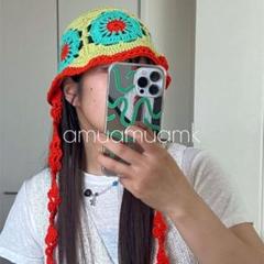 クロシェハット　バケットハット　バケハ　フリルハット　かぎ編み　カラフル
