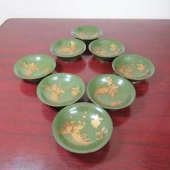 緑吸物碗 青地 盃 蒔絵 大根 カブ 8ケ 傷 欠け スレ 明治頃 希少