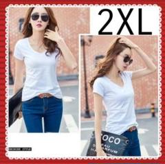 Tシャツ　カットソー　白　Vネック　無地　シンプル　2XL　3L　大きい　韓国