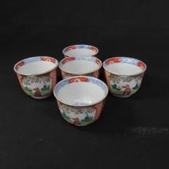 蕎麦猪口 向付 5客 色絵付 馬 あやめ 希少図柄 赤絵 歪み 江戸 蕎麦猪口 向付 5客 色絵付 馬 あやめ 希少図柄 赤絵 歪み 江戸