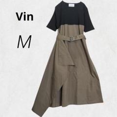 c4081【Vin】ドッキングワンピース フレア ロング M カーキ 緑 黒