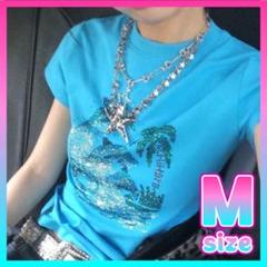 Mサイズ　Tシャツ トップス ブルー グランジ y2k 平成ギャル グリッター