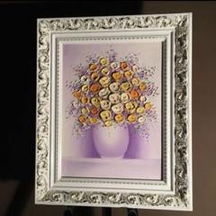 メルカリ 絵画　絵　額付き(銀）油絵　uF6-111102 　花と花びん ☆秀作☆ 手書き油絵 立体花瓶の花 額付 絵画 インテリア 油彩画