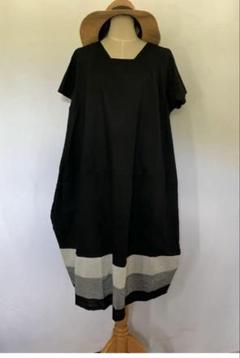 綿麻黒のストライプ裾ワンピース