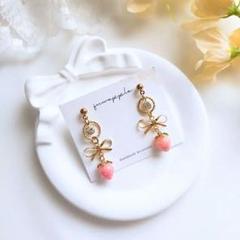 ハンドメイド　いちご　ピンク　リボン　きらきら　ピアス　イヤリング