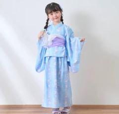 新品未使用 140cm メゾピアノ ストライプシェル柄浴衣 サックス 2WAY