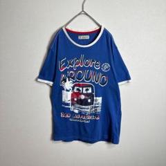 リンガーTシャツ　半袖　プリント　車　好配色　希少　シルク　ヴィンテージ　青　L