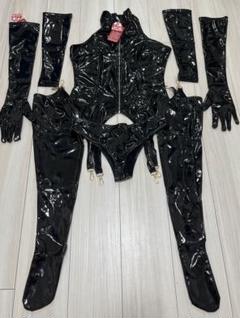 ブラックエナメルPVCボンテージセットアップサイズM中古 PVC エナメル ボンテージ ガーターベルト XL ロンググローブ付き
