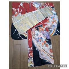 コメントでお値引き華やか赤っぽいオレンジと黒振袖と未使用豪華
