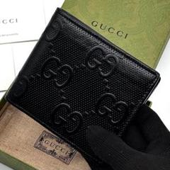 ✨未使用に近い・箱付き✨　GUCCI  二つ折り　シマ　GG  シマレザー　黒 極美品】GUCCI レザー シマ 二つ折り財布 GG総柄 型押し ブラック