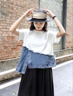 デニムデザイン✨ゆったり　ニッチトップス★お洒落ラウンドネック　薄地