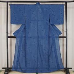 夏着物　絽　縞に流水　濃い青　洗える着物　小紋　お稽古　u221