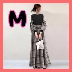 ドッキングワンピース　チェック柄　ワンピース ロング丈　パフスリーブ リボン М