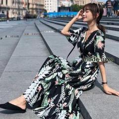 バックリボン ロングワンピース レディース リゾート 春 夏 黒 L