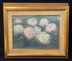 「真作」松下絹子「朝の花 牡丹」静物画　油彩画　額装　サイン有り　P8号 真作」松下絹子「朝の花 牡丹」静物画 油彩画 額装 サイン有り