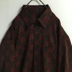 美品 古着 ダークトーン 幾何学模様 デザインシャツ 長袖 メンズ 黒 赤