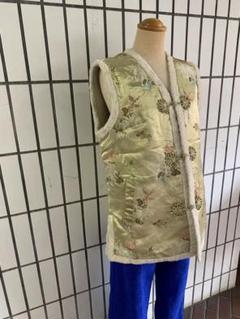 ◎vintageチャイナ刺繍ベスト裏ボア◎ゴールド金中国古装民族衣装エスニック