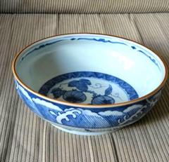 真玉園 白磁　青い波模様の長皿　陶器　工芸品　瀬戸窯元　藍色　大皿 真玉園 白磁青い波模様の長皿陶器工芸品瀬戸窯元藍色大皿