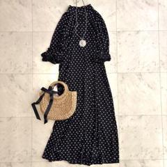 【SALE】 美品 レキップヨシエイナバ 七分丈ドットロングワンピース 38 ワンピース