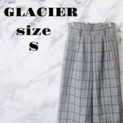 【良品】GLACIER チェック柄 ワイドパンツ グレー ウエストゴム【S】