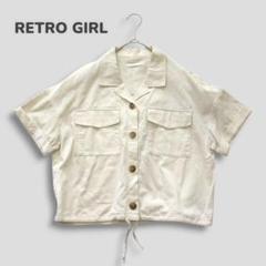 レトロガール／美品コットンシャツ M 裾ドロスト ショート ブラウス 綿 半袖