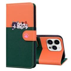 iphone15手帳柄猫ケース　オレンジ+緑おしゃれスマホケース
