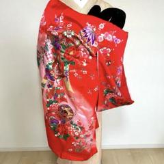お宮参り　産着　祝着　赤×ピンク　手毬　蝶　御所車　花　女の子　襦袢付き お宮参り 産着 祝着 赤×ピンク 手毬 蝶 御所車 花 女の子 襦袢