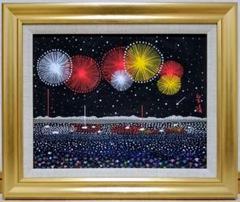 (F6号)山下清 【清水寺の花火】肉筆/油絵/表サイン有り/裏シール有り/手描き 正規代理店 F6号)山下清 【清水寺の花火】肉筆/油絵/表サイン