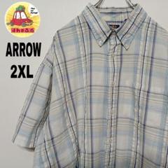 USA古着 ARROW　半袖ボタンシャツ2XL　ホワイトブルー　チェック