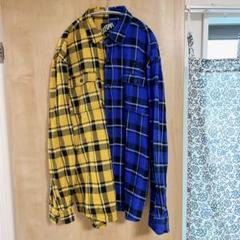 LEFLAH ネルシャツ XXL チェック ドッキング 青×黄 バイカラー