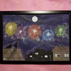 【匿名配送】絵画　「町の花火大会」　A4サイズ額つきのサムネイル