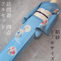 夏着物　絽紗　訪問着　フルセット　単衣　トールサイズ　濃水色　銀　菖蒲　稲　O3 夏着物 絽紗 訪問着 フルセット 単衣 トールサイズ 濃水色 銀